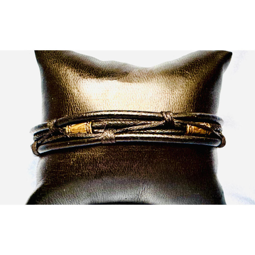 Unsigned Dark Silver Tone Bead 4 Strand Black Leather Bracelet w/ Toggle Close